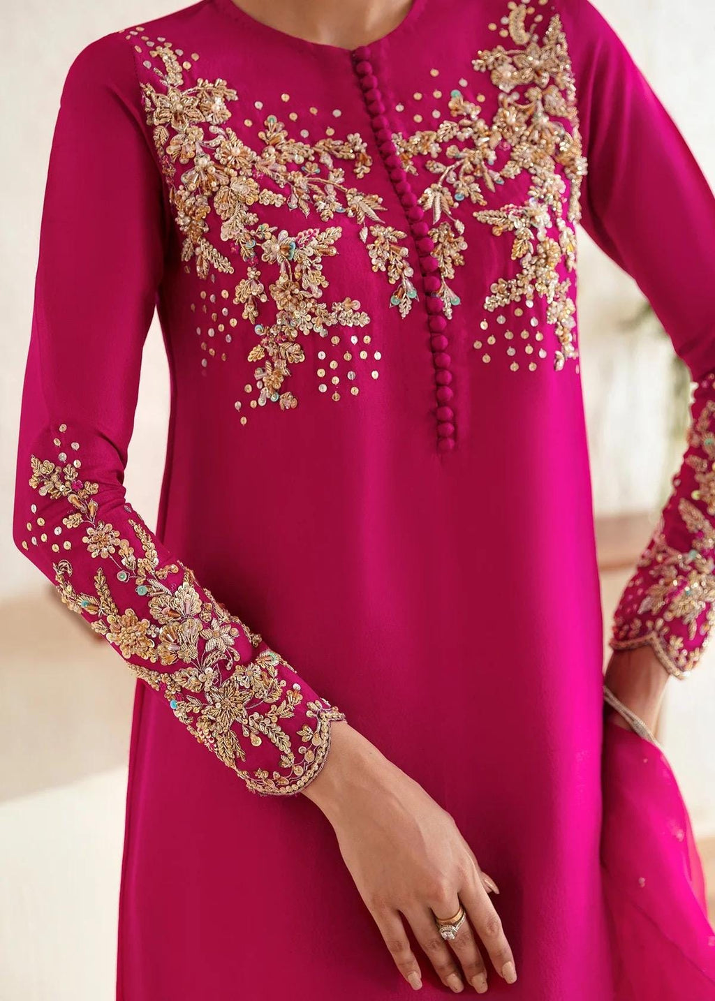 Embroidered Hot Pink Pakistani Suit: Raw Silk Wedding Party Wear