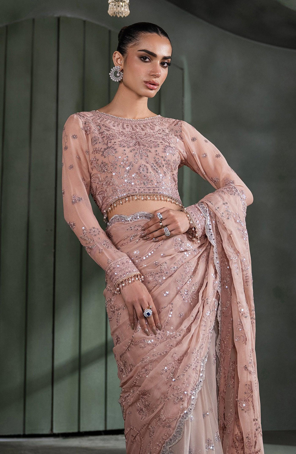 Pink Sequins Embroidered Chiffon Saree, Indian Wedding Wear