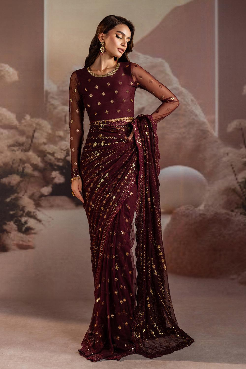 maroonish embroidery laceSequin Saree: Indian reception Party Wear, Matching Blouse