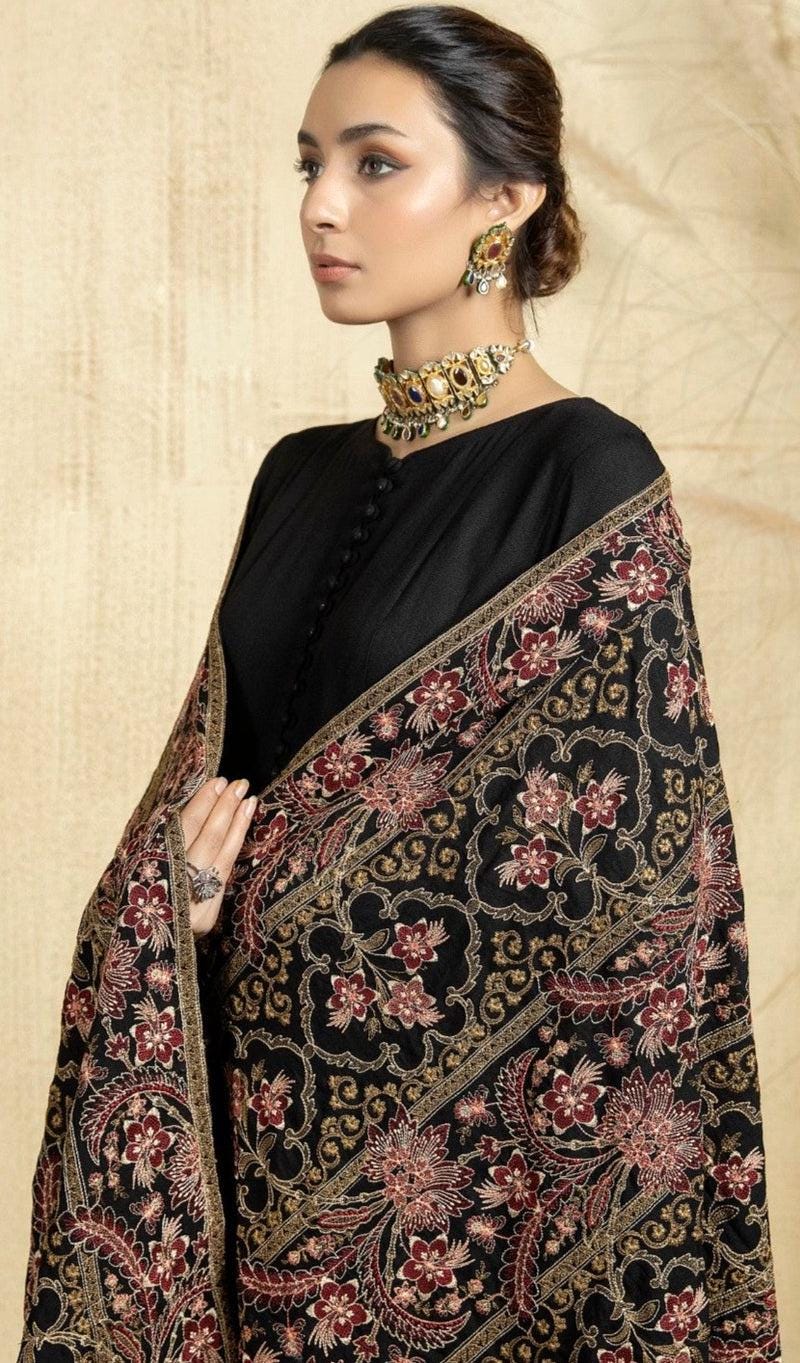 Embroidered Black indian raw silk cashmere Shawl: Indian Festive Wear
