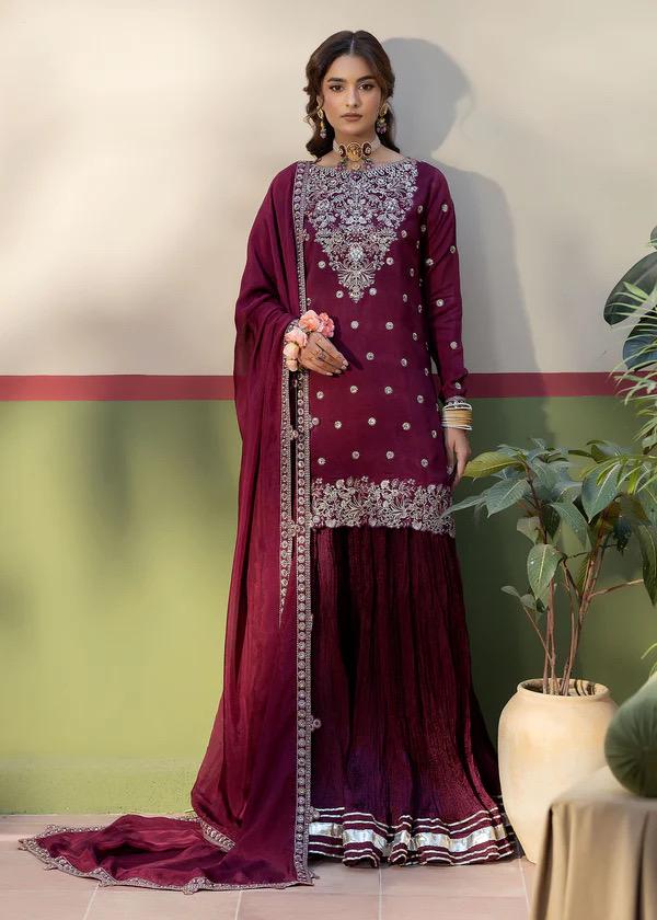 wine silk short shirt with crush  shahrara pants and duppata 3pc suit