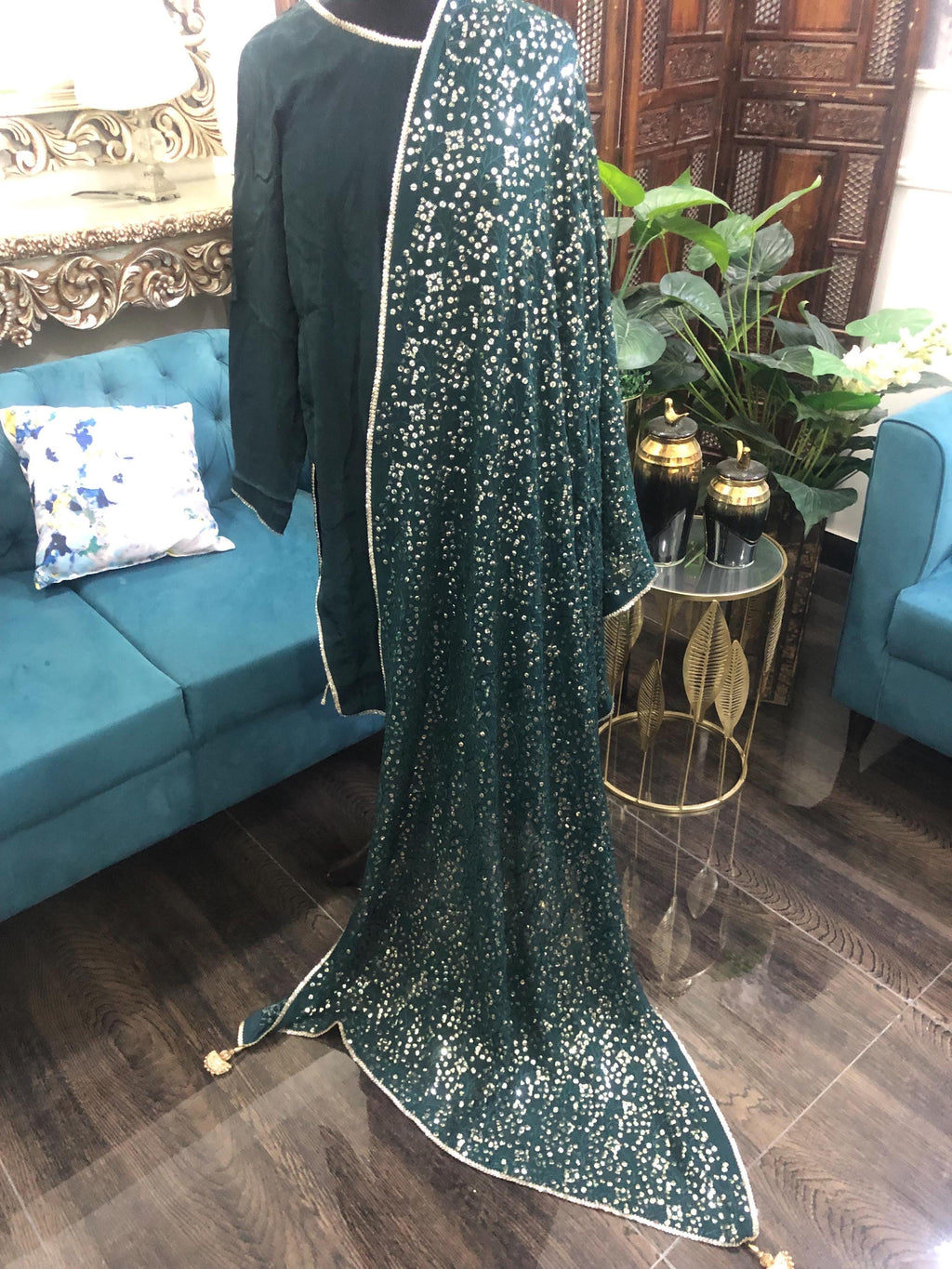 Green Sequin Dupatta: Chiffon Shawl, Embroidered Bridal Mayun