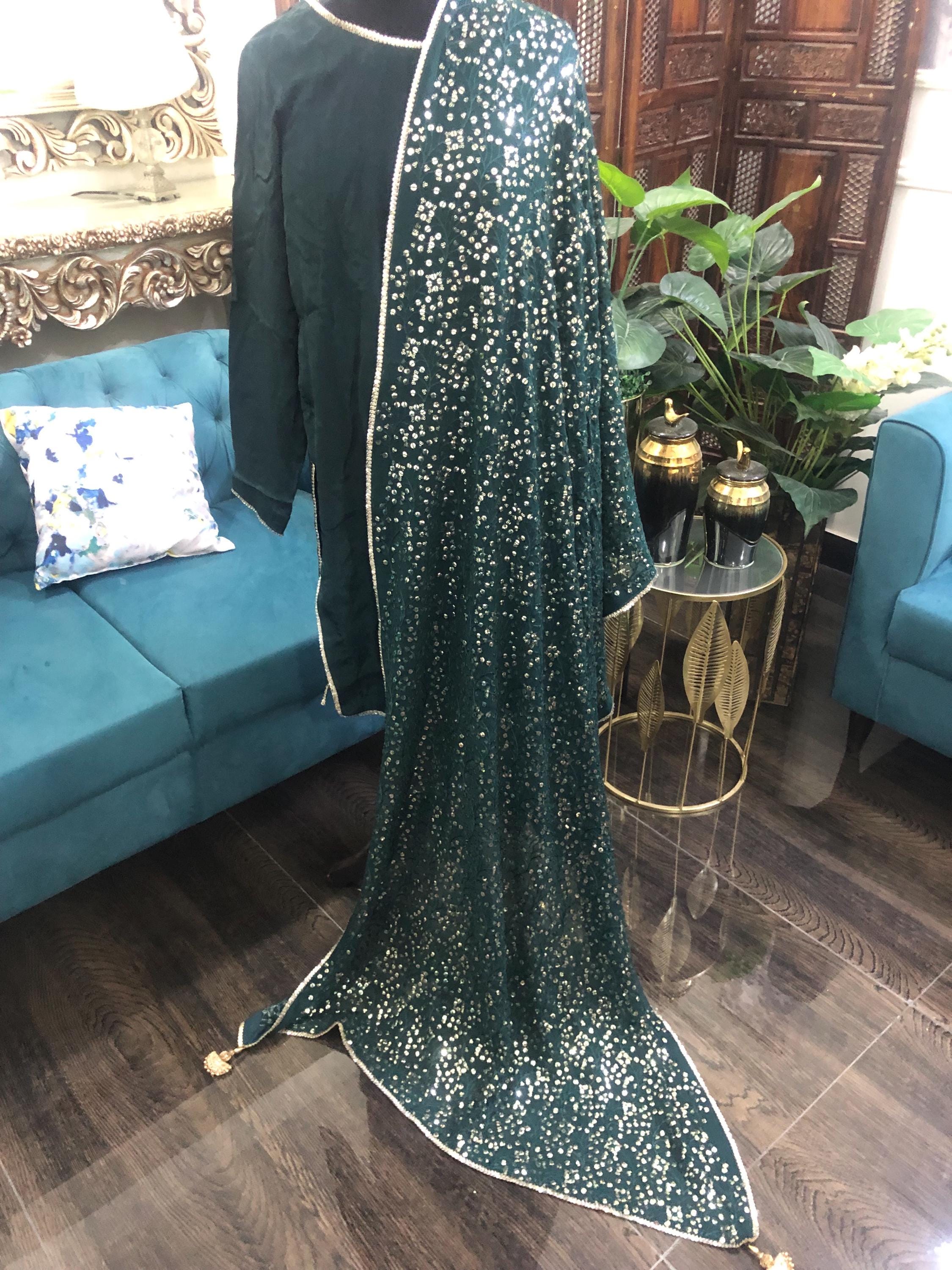 Green Sequin Dupatta: Chiffon Shawl, Embroidered Bridal Mayun