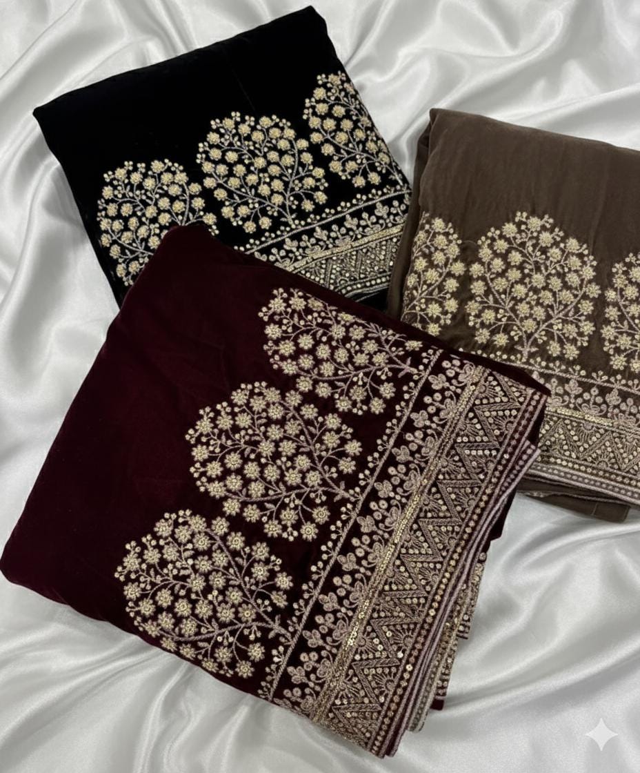 Maroon/black, brown Velvet Bridal Shawl: Embroidered Wedding Duppata