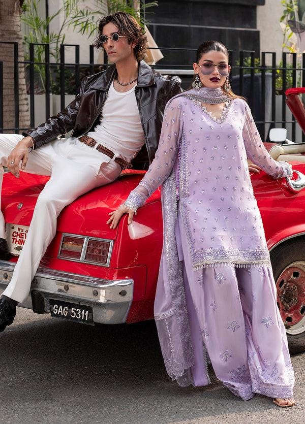 Embroidered Chiffon Farshi Shalwar Kameez, Lilac Indian Wedding Suit