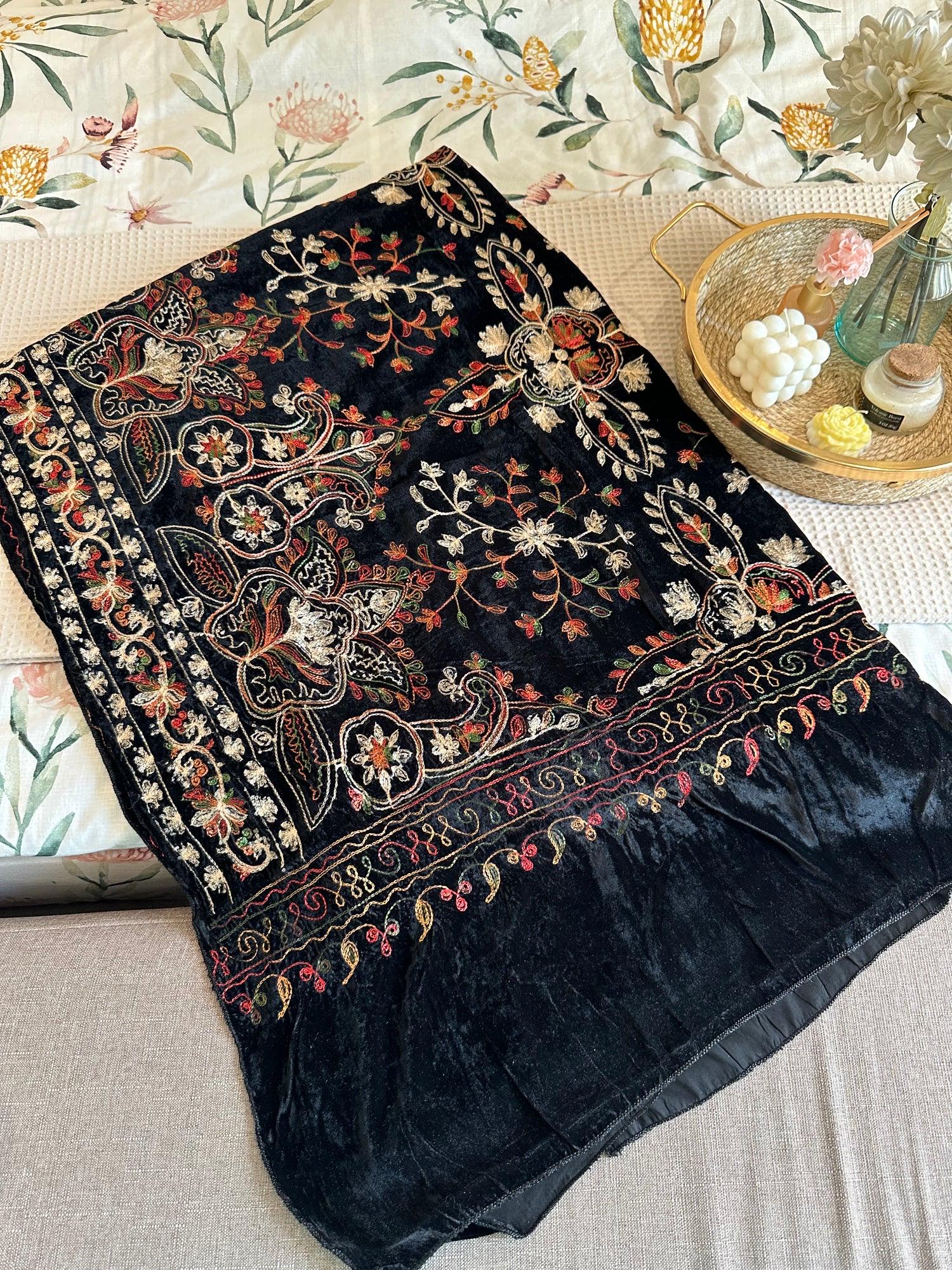 Black Velvet Kashmiri Shawl: Bridal Hand Embroidered Shawl