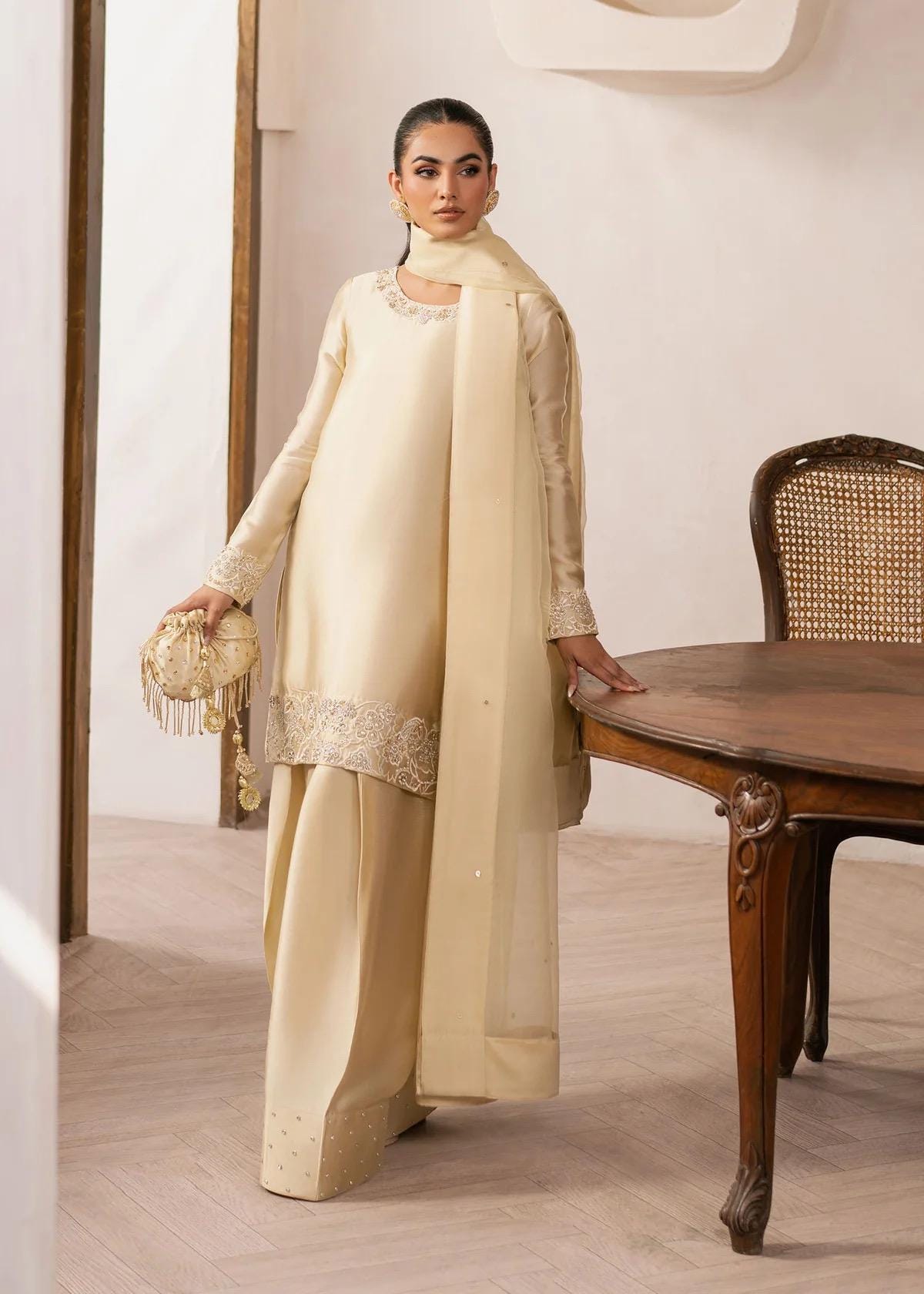 Ivory Silk Farshi Shalwar Kameez, Organza Dupatta, 3pc Stitched Suit