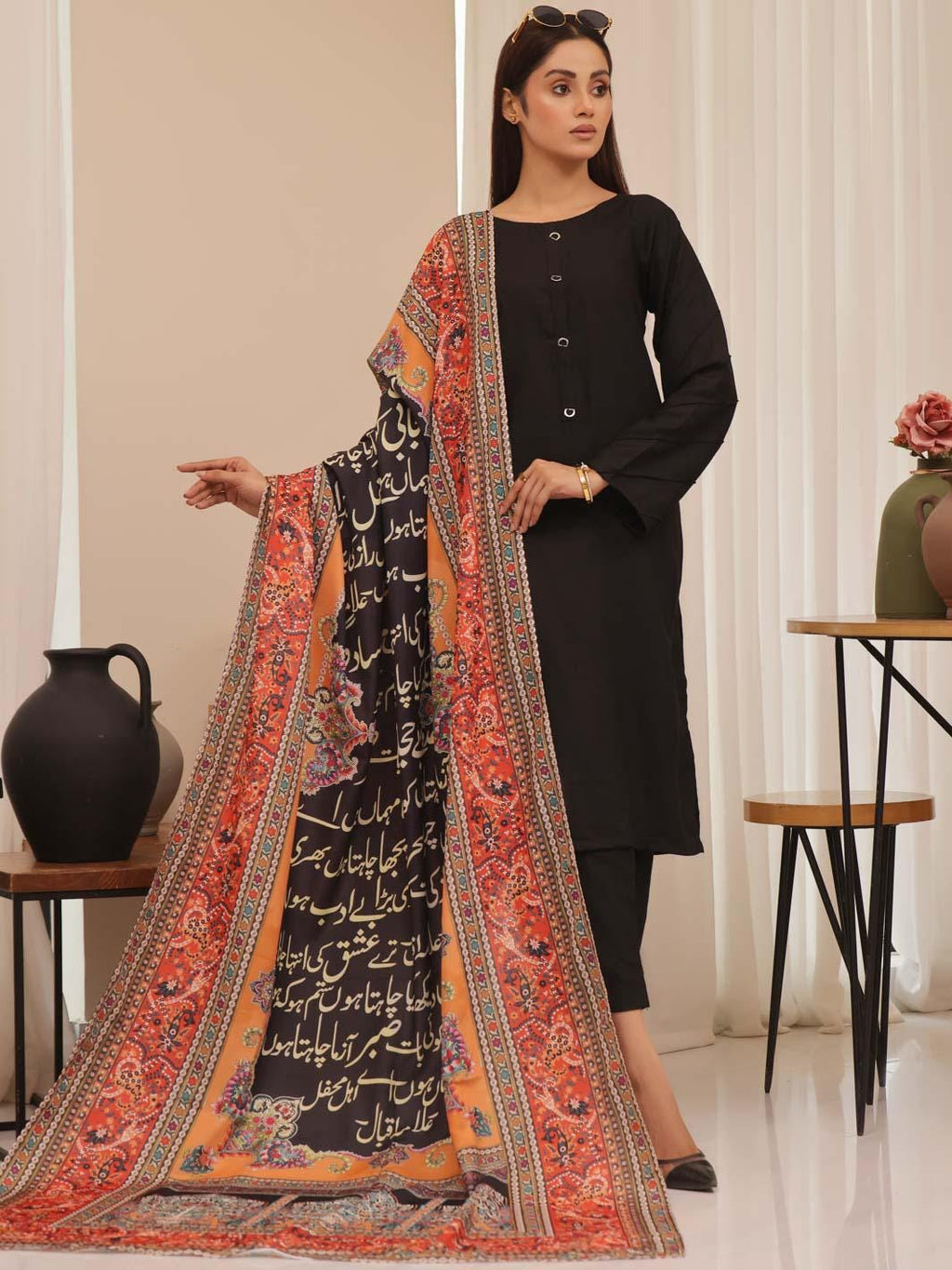 Handcrafted Chiffon Dupatta – Urdu Poem Scarf, Traditional Style