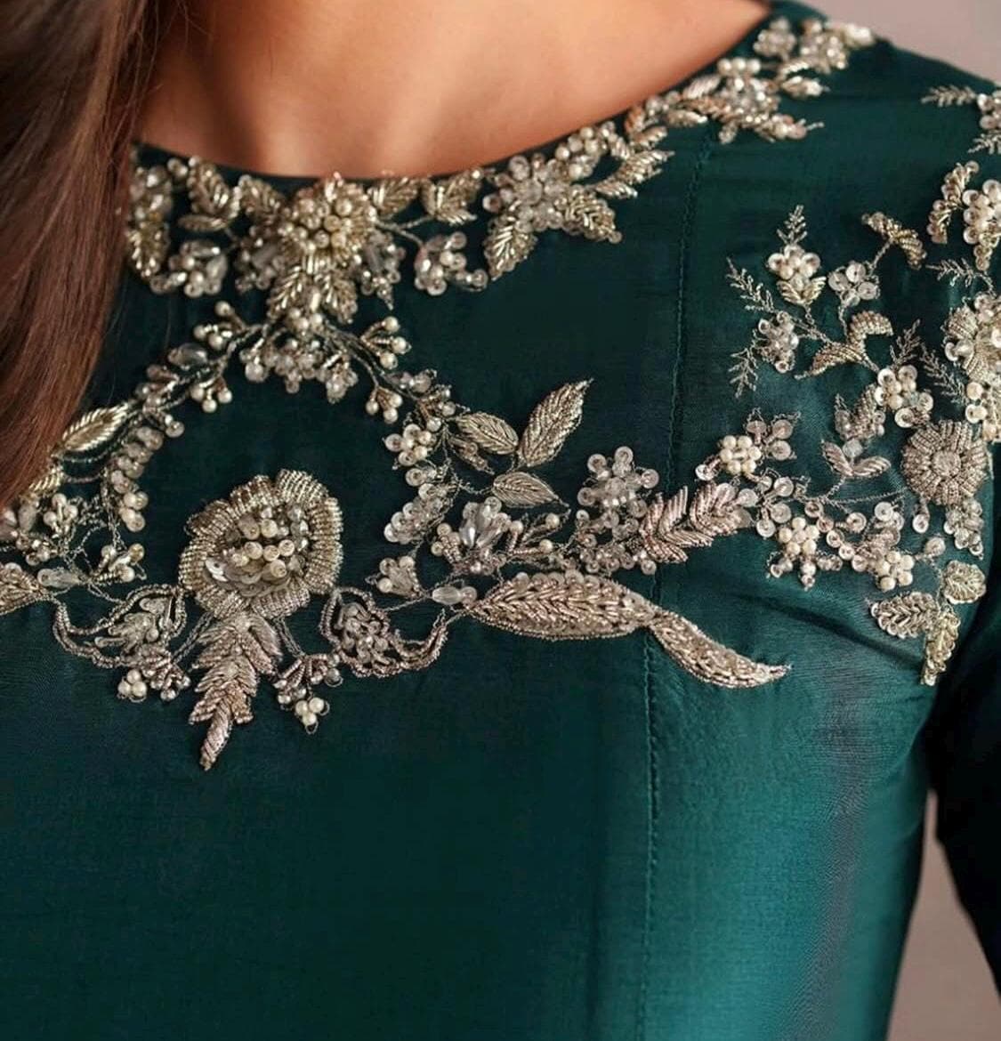 Peacock Green Silk Kameez Shalwar, Hand-Embellished Mirror Work 3pc Outfit