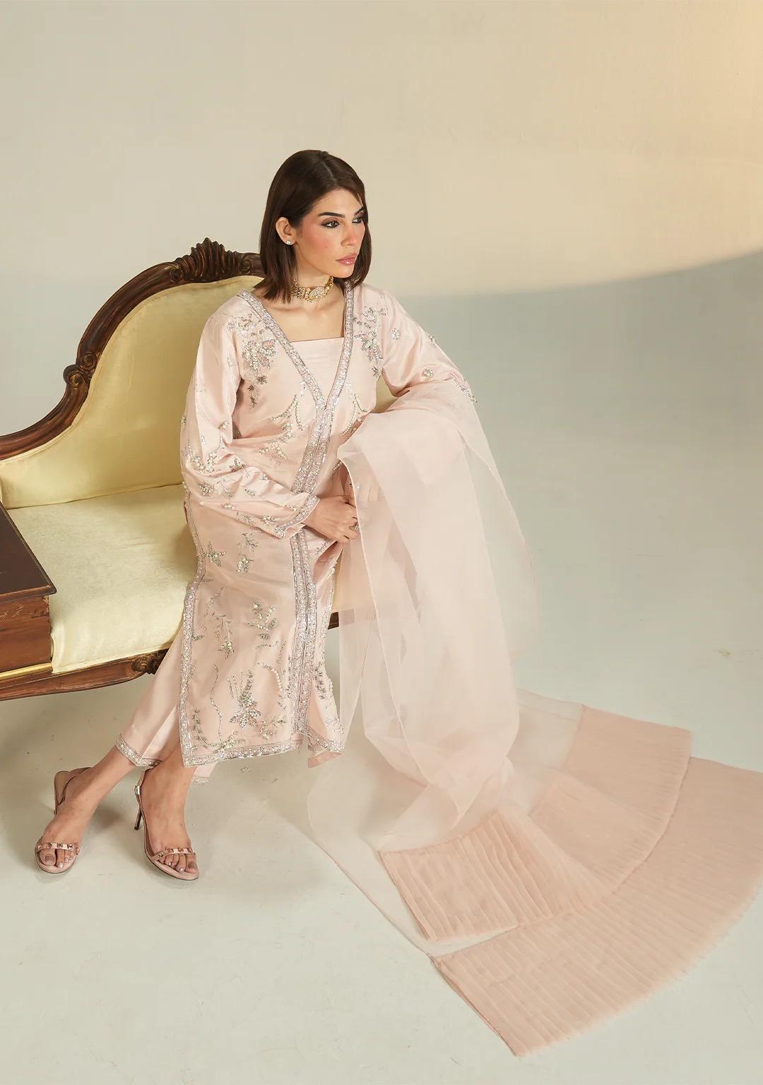 Powder Pink Silk 3pc facy Suit: Embroidered with handwork Pakistani Wedding and eid Outfit