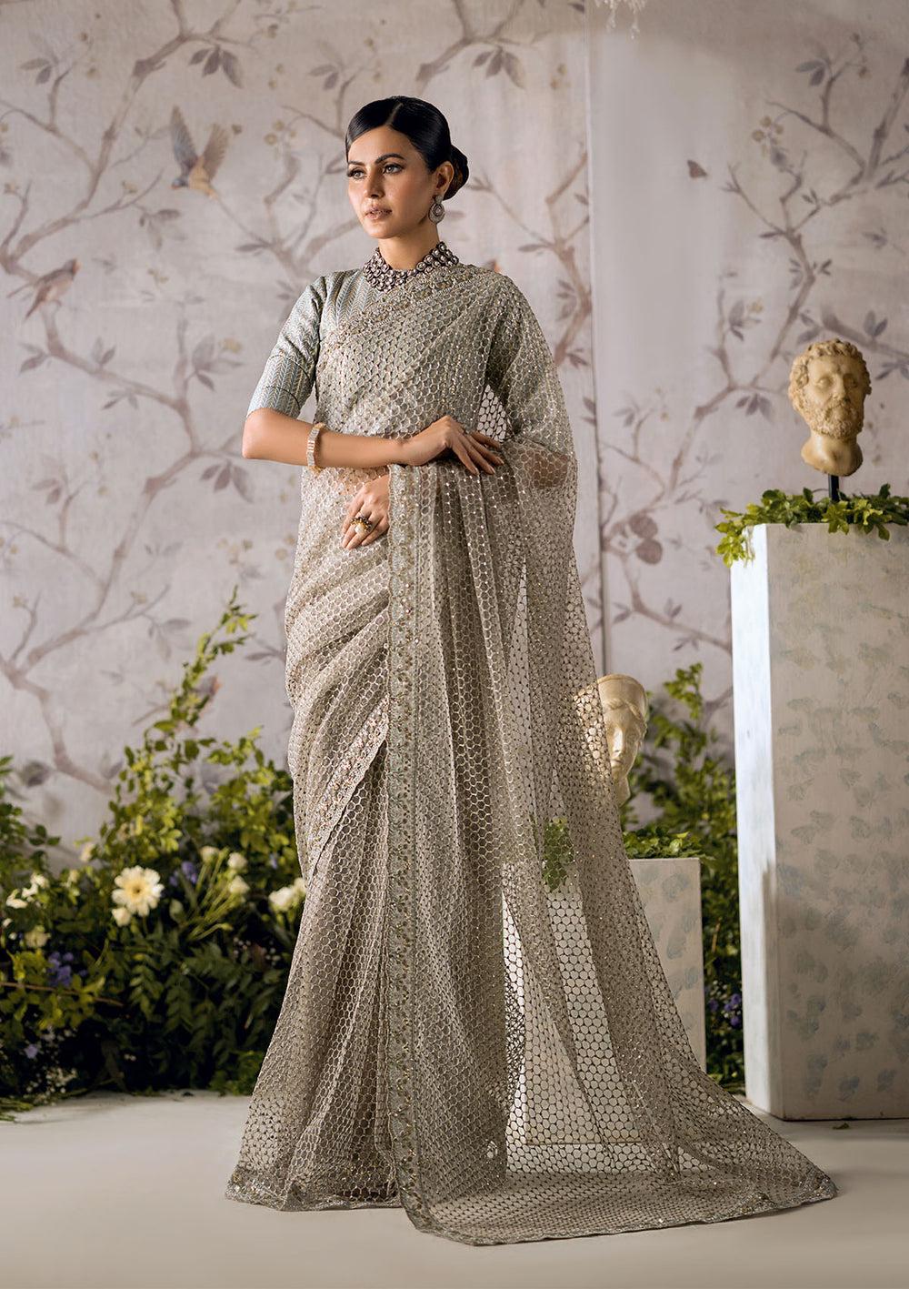 Grey & Gold Sequin Embroidered Tulle Saree, Indian Wedding Dress