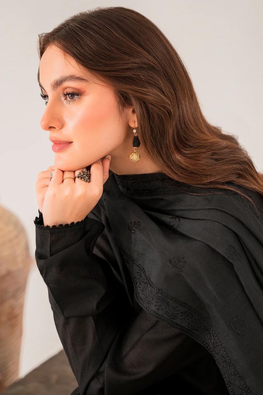 Black Chambray Kattan Frock: Embroidered Punjabi Suit with Dupatta