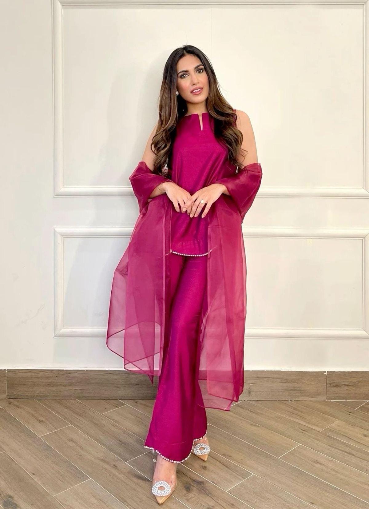 Hot Pink Silk Shalwar Kameez: Pakistani Bell-Bottom Outfit