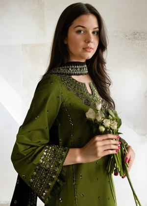 Embroidered Khaddar Olive Green Salwar Kameez with Chiffon Dupatta