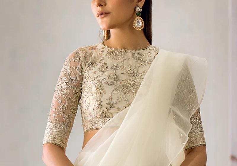 dreamy off white saree  with Embroidered Blouse: Indian Party Wear