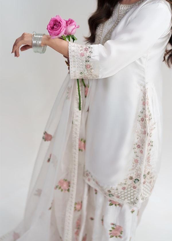 Embroidered White Silk Farshi Shalwar Kameez: Indian Party Outfit