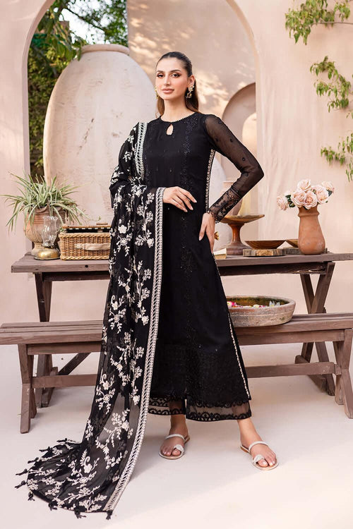 Embroidered Black Chiffon Pakistani Suit: Silk Trousers, Dupatta