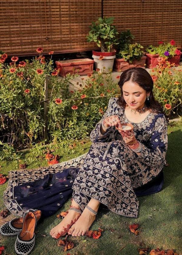 Embroidered Blue Pakistani Shalwar Kameez, Chiffon Dupatta, 3-Piece Set