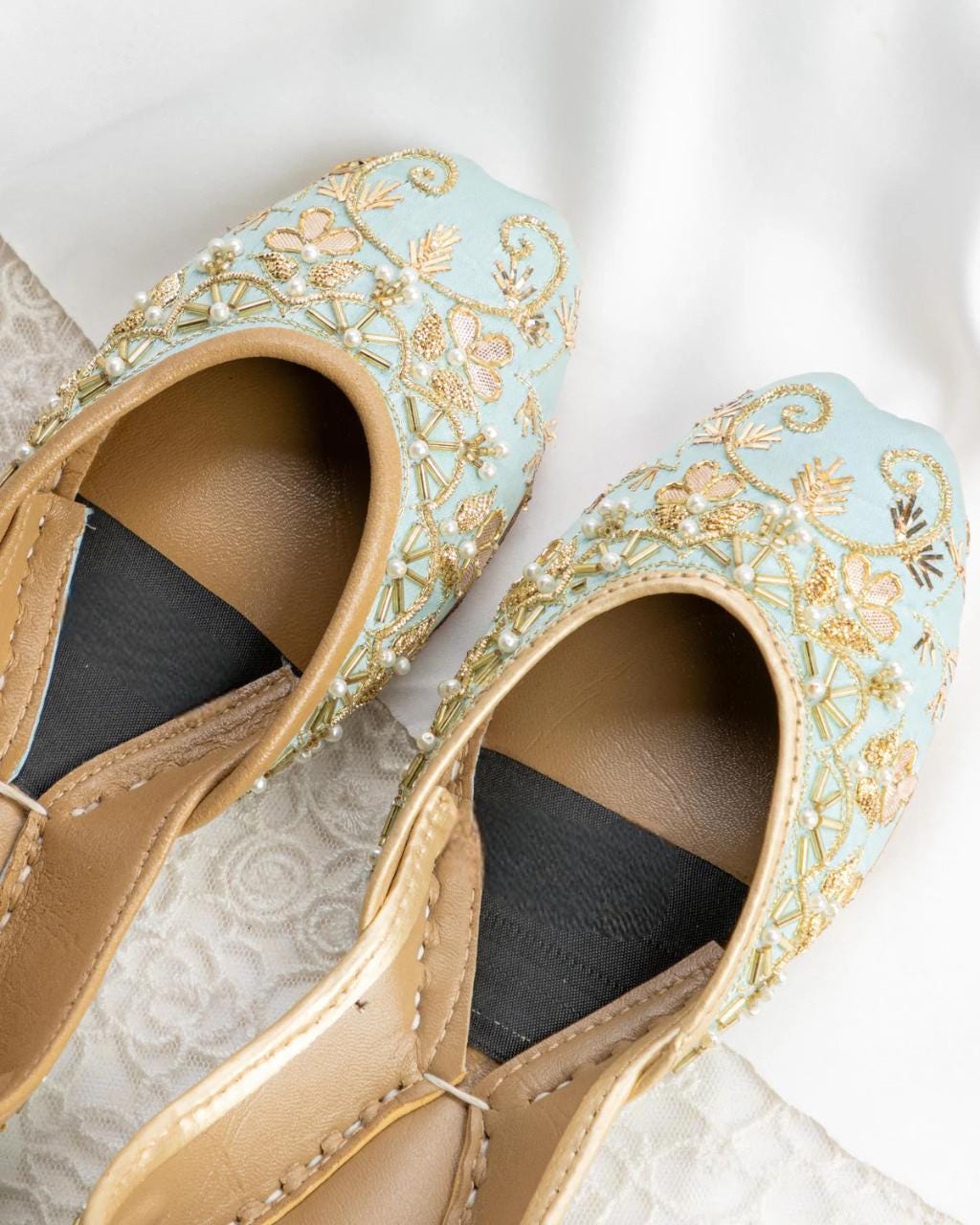 Handmade Sea Blue Silk Jutti: Embroidered Punjabi Mojari Flats