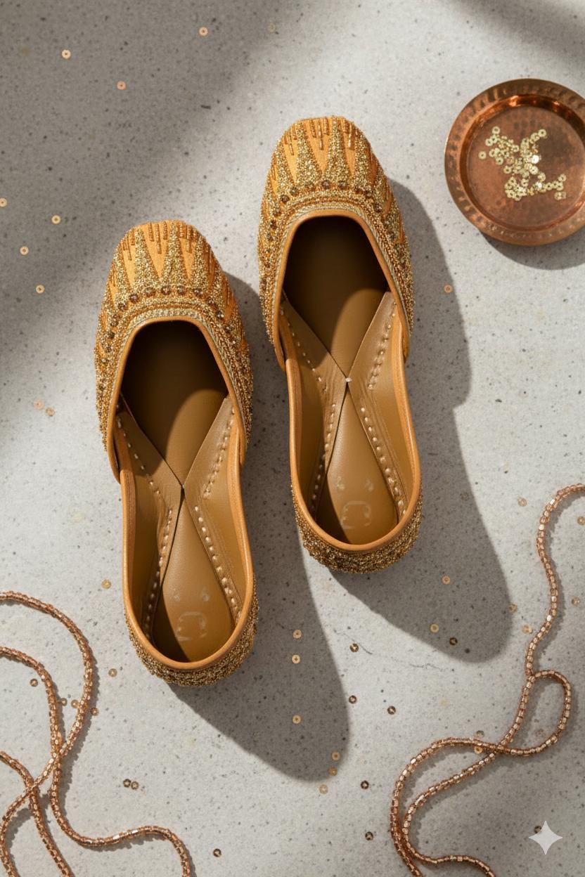 Handmade Zari Kora Work Jutti, Rust Gold Silk Khussa Flats