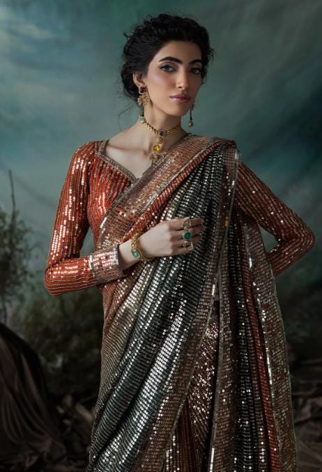 Black and orange Sequin Saree with Embroidered Blouse: Indian Party Wear