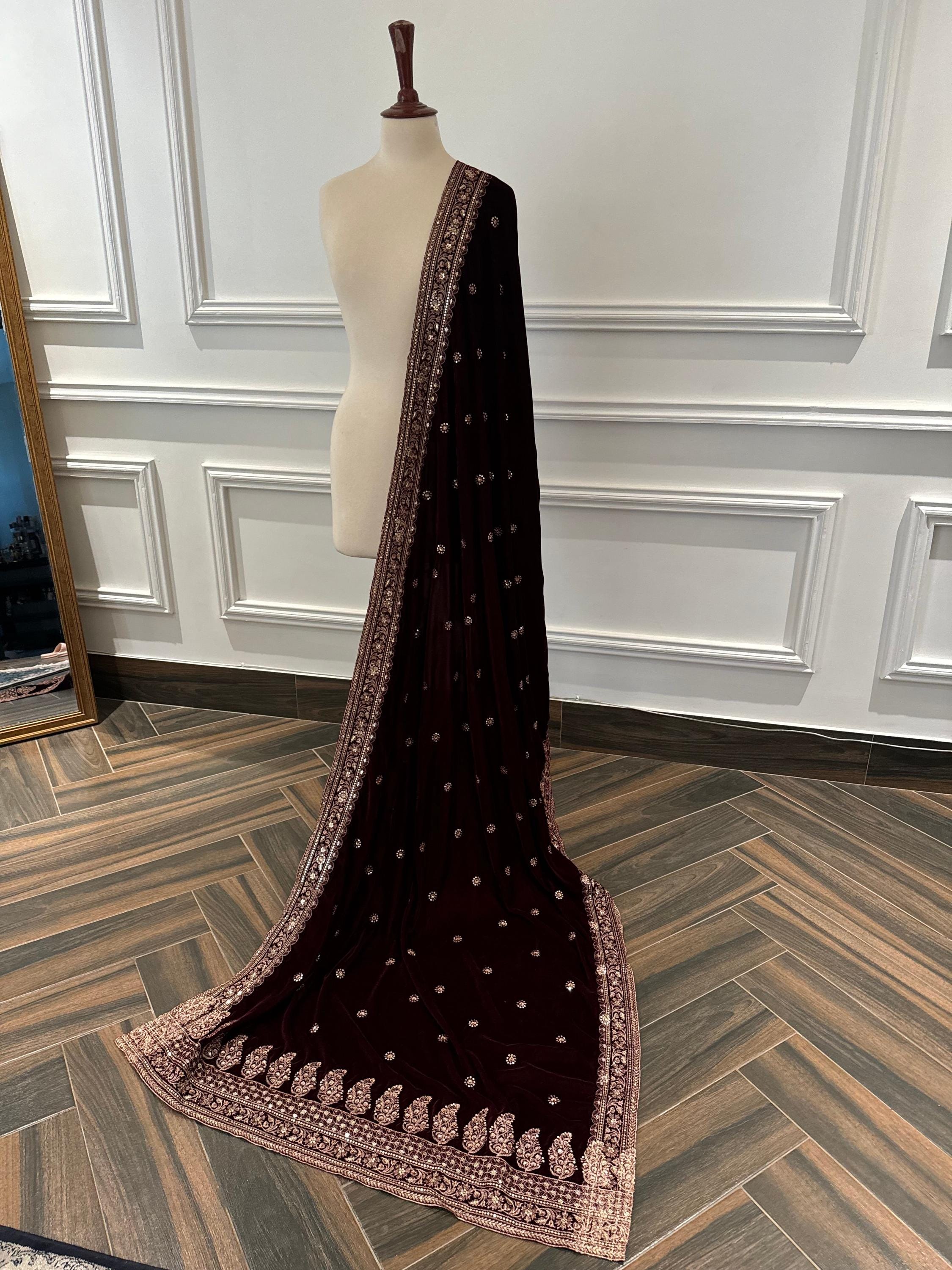 Maroon Velvet Bridal Shawl | Sequin & Tila Embroidery, Festive Stole