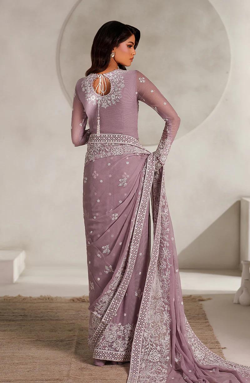 lavender hand embroidery embellished Saree for wedding, Chiffon Indian Party Wear, Matching Blouse