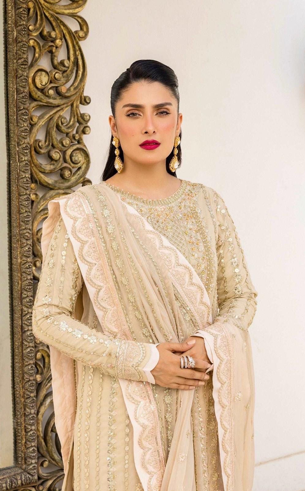 Gold Embroidered Chiffon Pakistani Suit, 3pc Shalwar Kameez