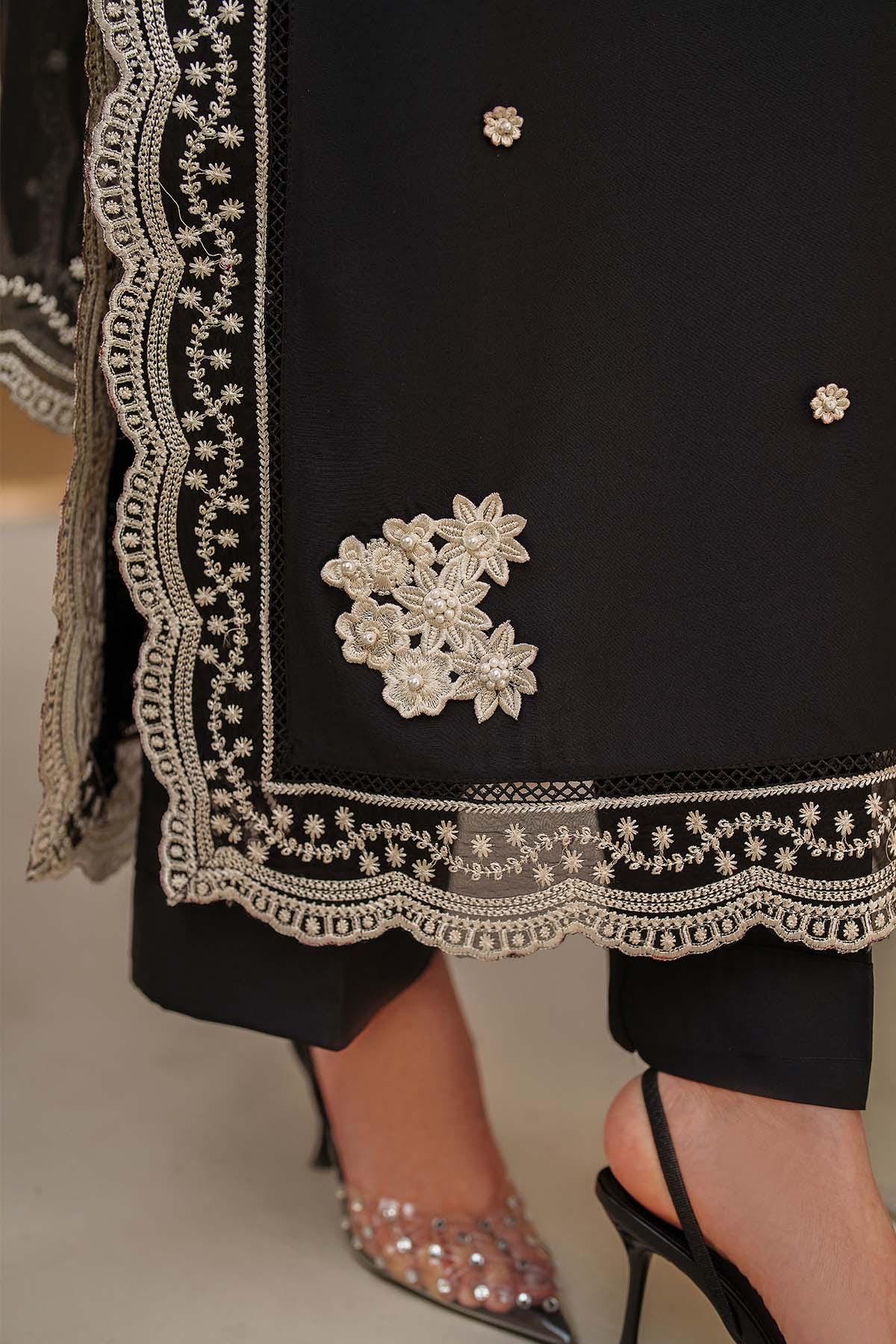 black pakistani Embroidered Silk Shalwar  3pc Suit, 3D Floral Pakistani Dress with Dupatta