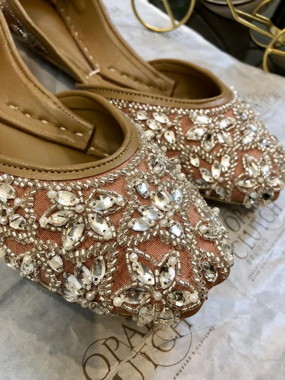 Handmade Leather Jutti – Taupe Silk, Floral Embroidered Bridal Flats