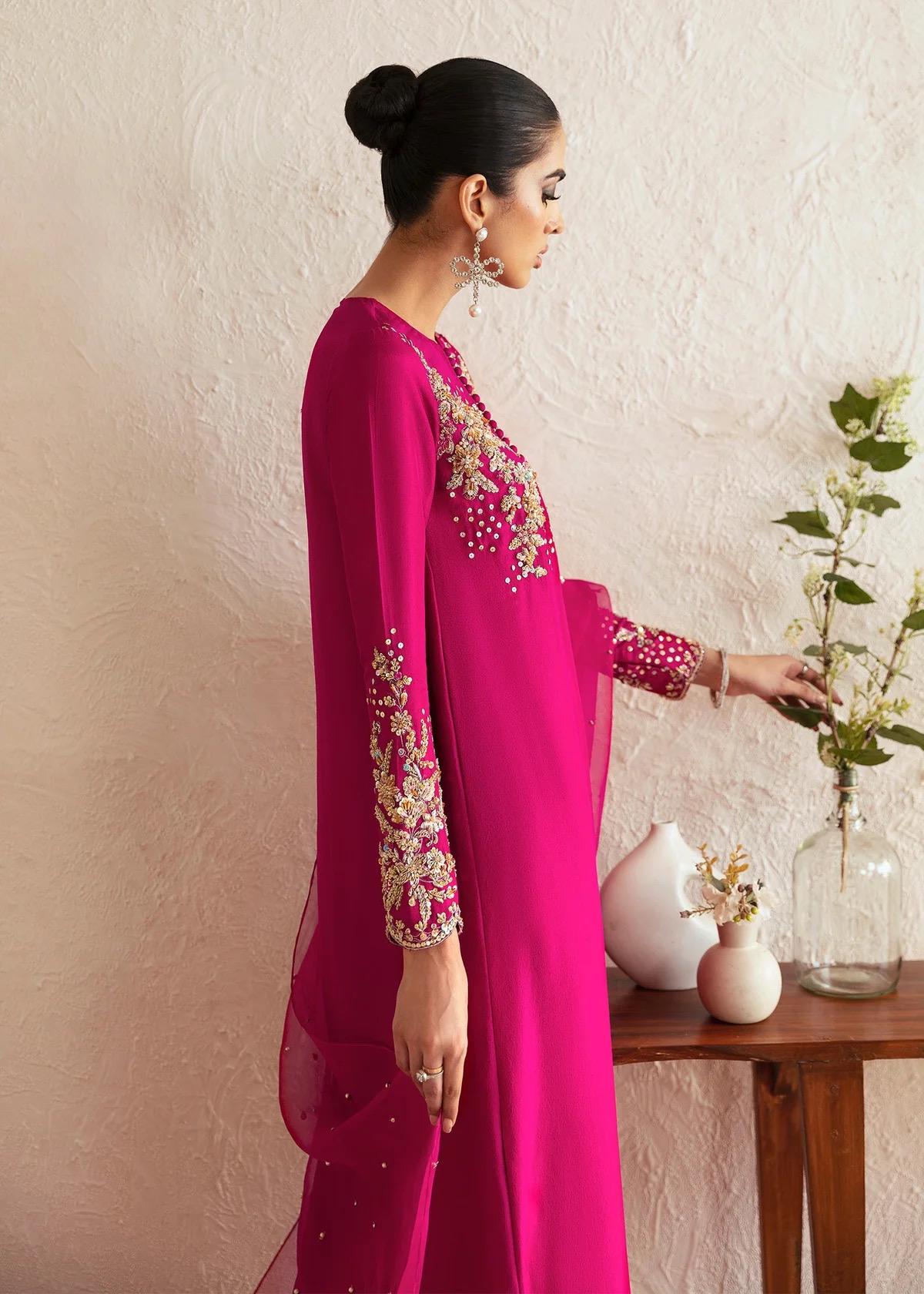 Embroidered Hot Pink Pakistani Suit: Raw Silk Wedding Party Wear