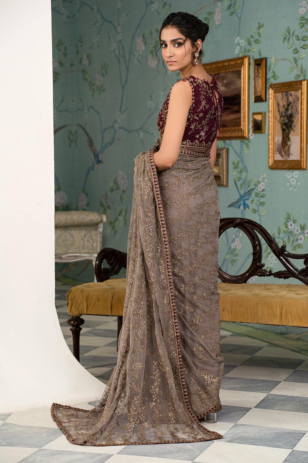 Maroon & Grey Sequin Embroidered Saree with Blouse