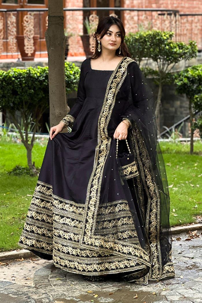 Black Silk Maxi Dress, Tilla Embroidery, Net Dupatta, Pakistani Indian