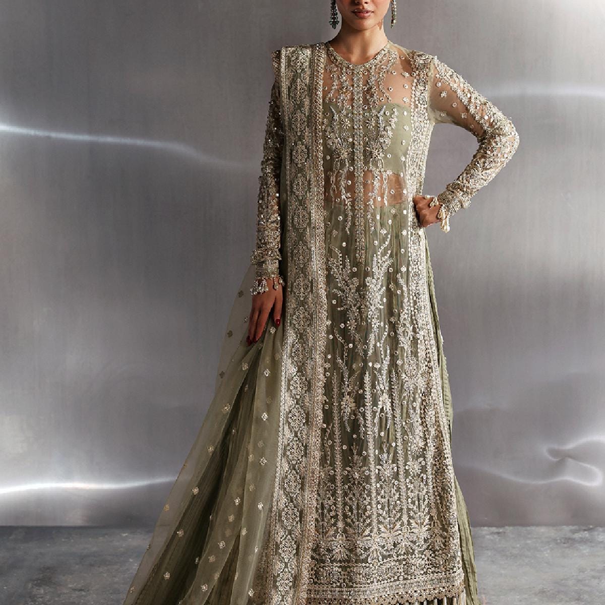 Mint Green Embroidered Bridal Dress, Pakistani Wedding Outfit