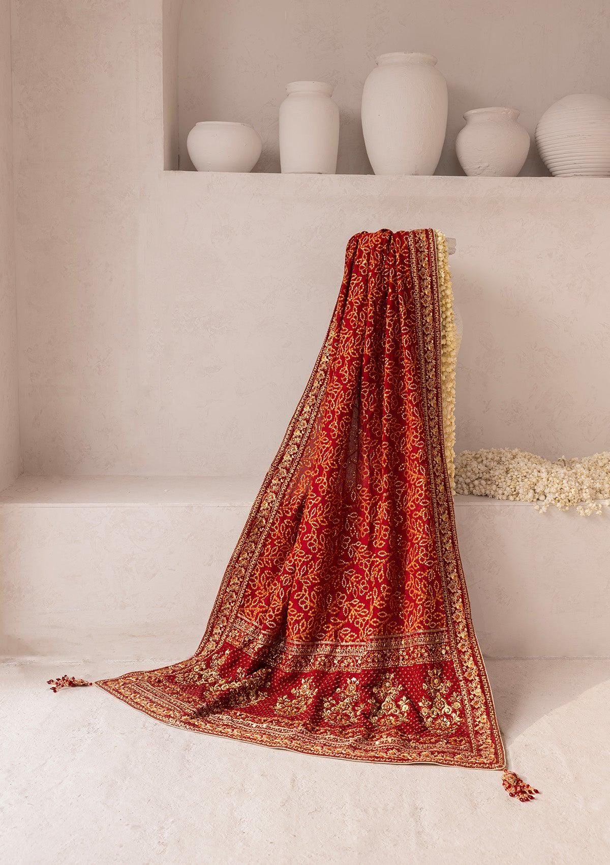 Red Silk Wedding Shawl: Kamdani Embroidered Paisley, Indian Bridal