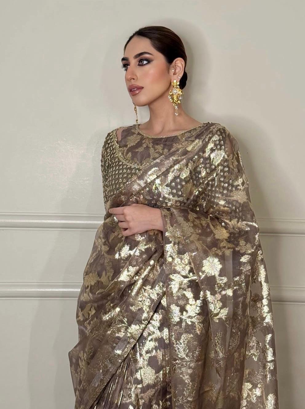 Indian Wedding Saree, Brown & Gold Sequins Embroidered Net Saree