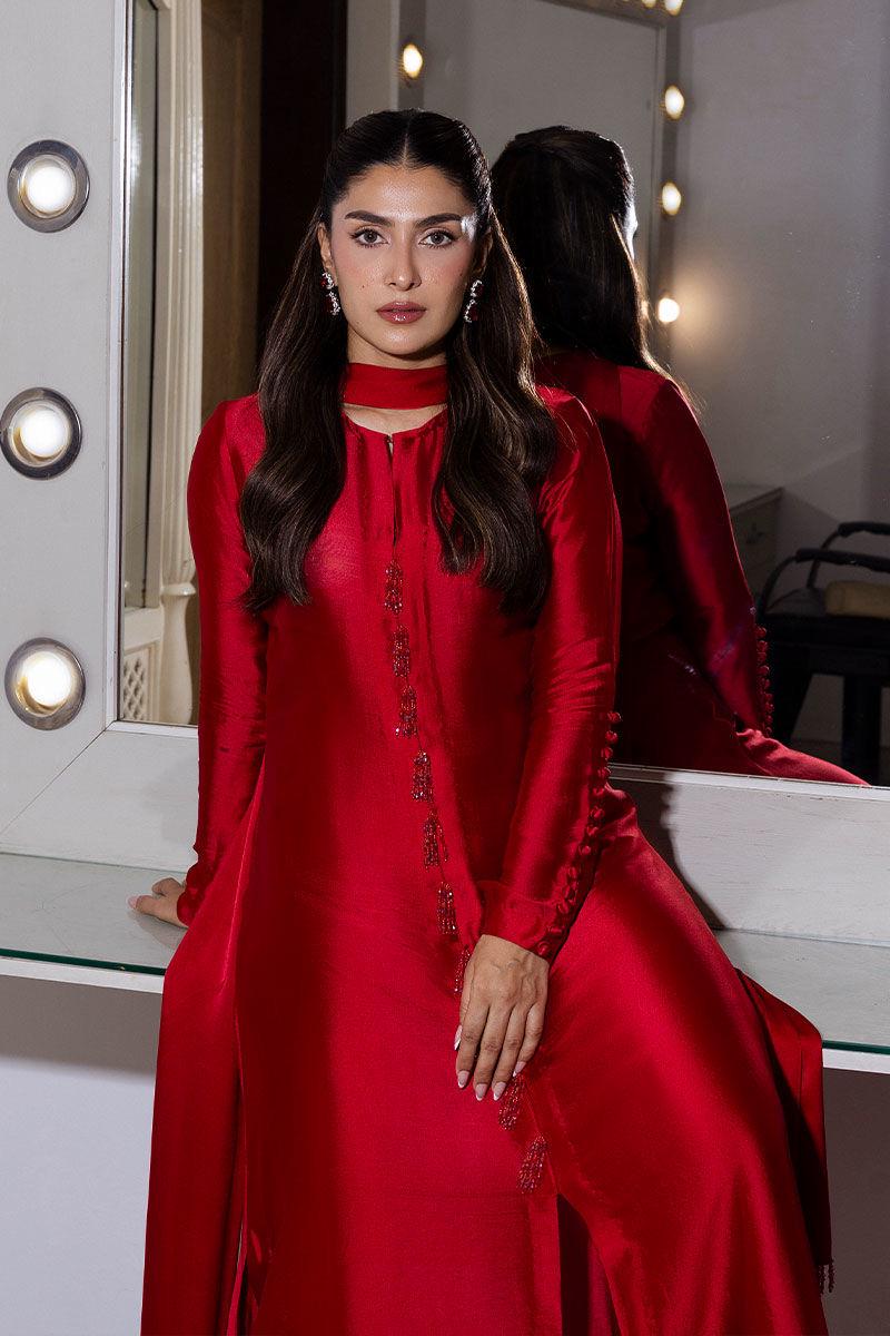 Cherry Red Silk Kameez Trouser Set, Pakistani Eid Dress