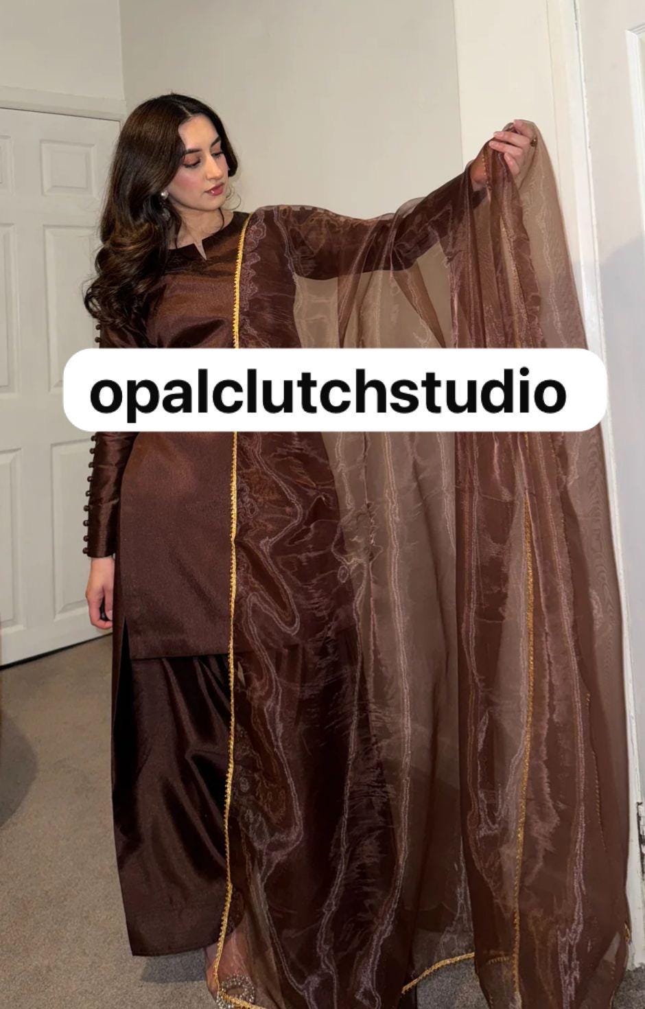 Brown Silk Farshi Shalwar Kameez, Organza Dupatta