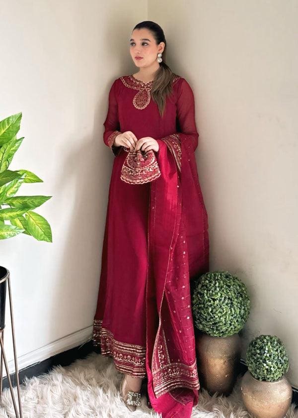 4 Piece Embroidered Chiffon Maxi Dress - With Kattan Silk Trousers and a Stylish Potli Bag