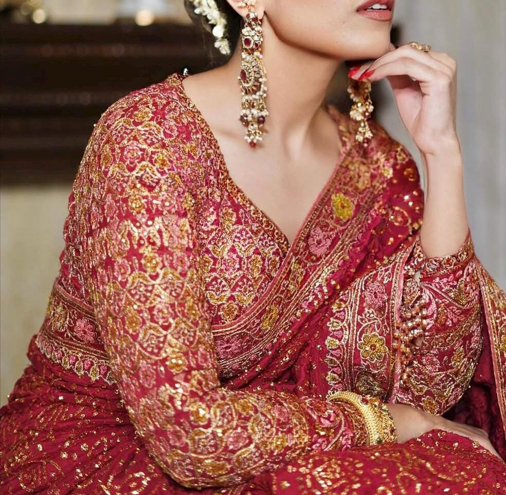 Embroidered Maroon Silk Bridal Saree, Indian Wedding