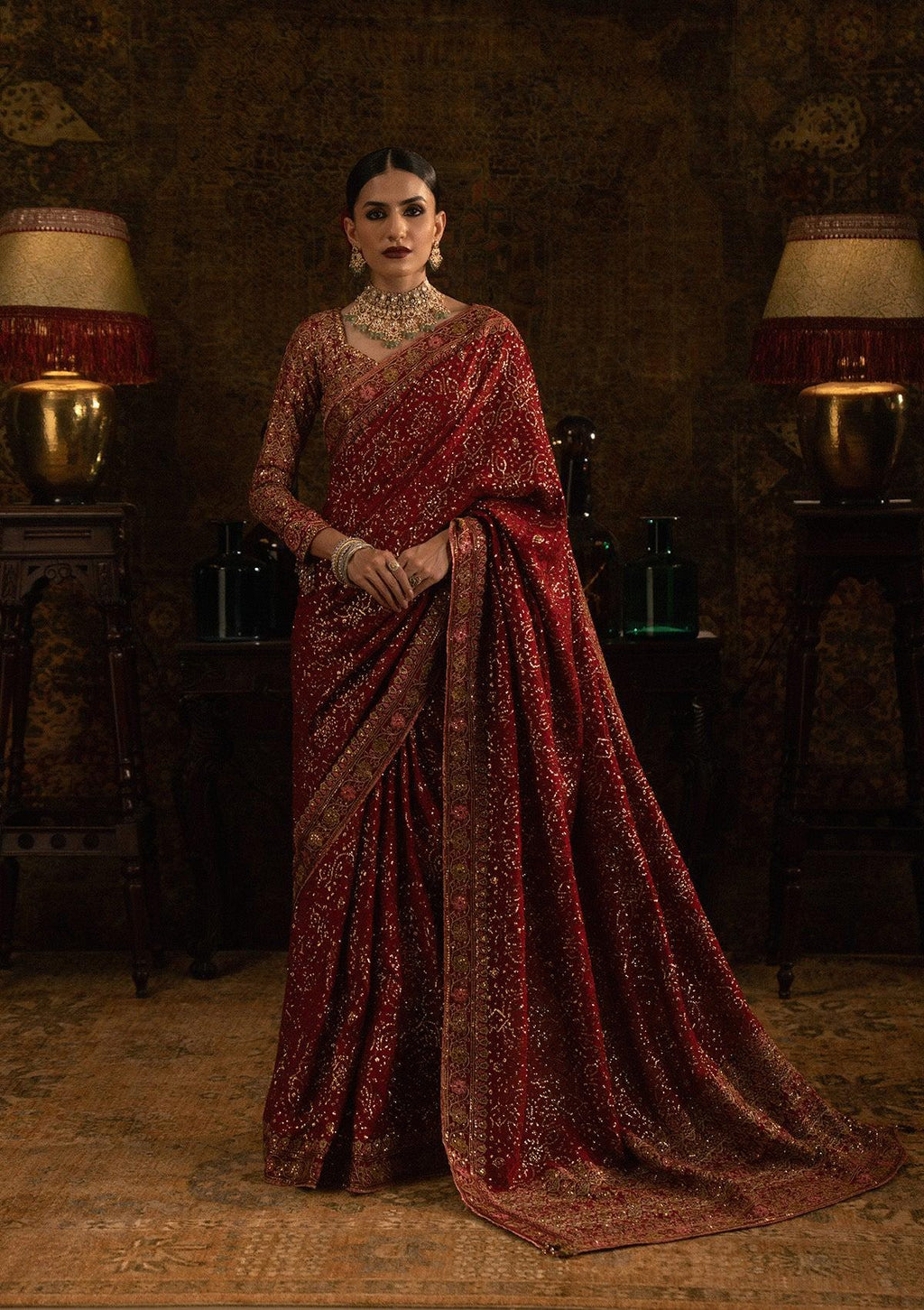Embroidered Maroon Silk Bridal Saree, Indian Wedding