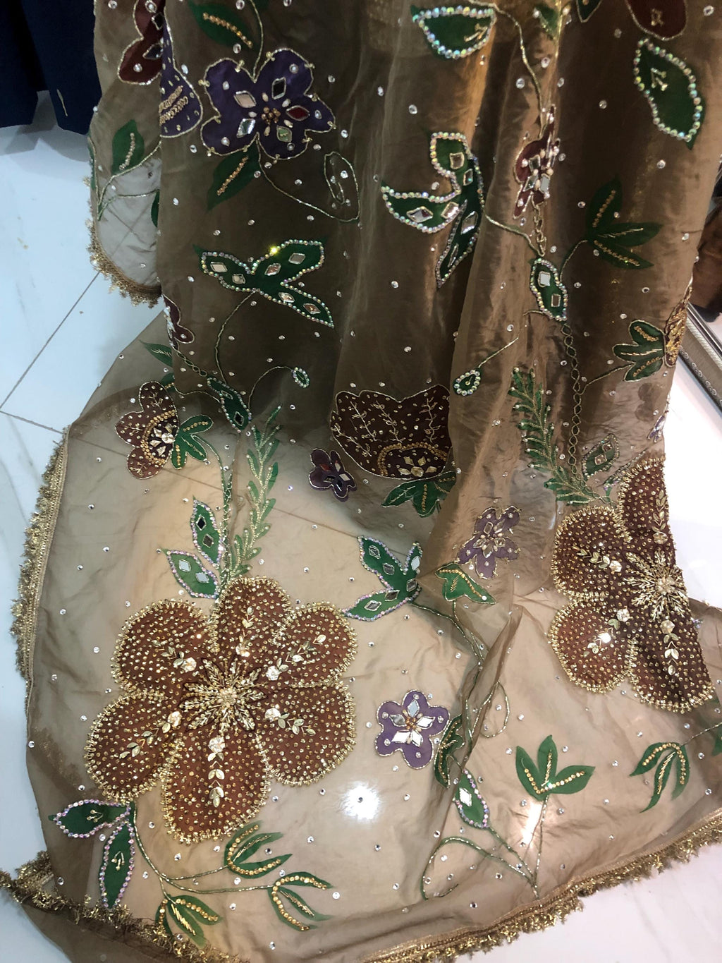 Brown Sheesha Silk Kamdani Suit, Hand-Painted Dupatta, Pakistani Wedding Outfit