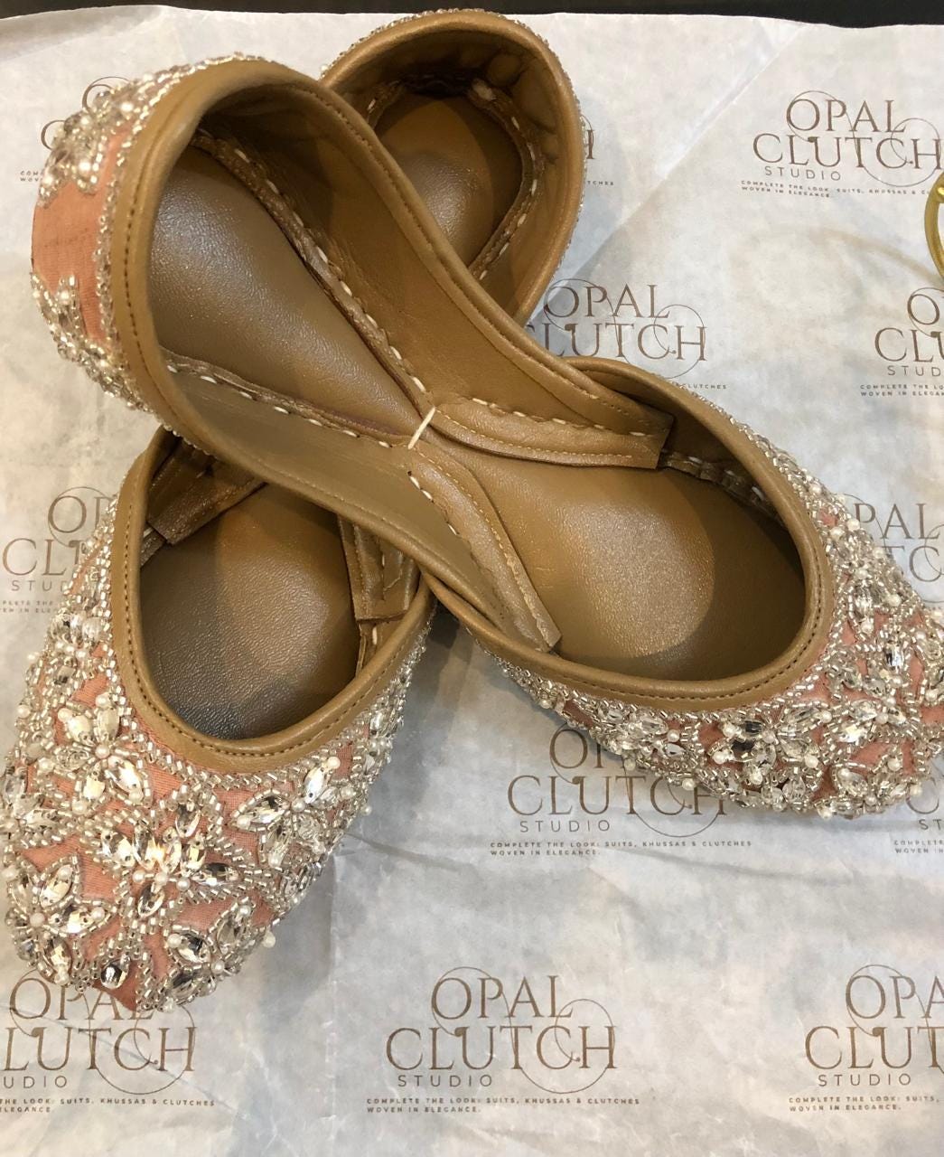 Handmade Leather Jutti – Taupe Silk, Floral Embroidered Bridal Flats