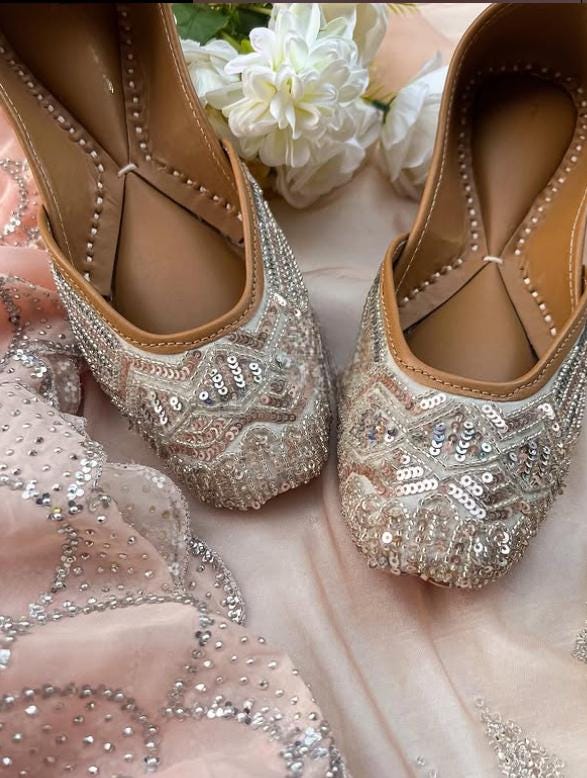 Handmade Silver Sequin Bridal Jutti, Genuine Leather Khussa Flats