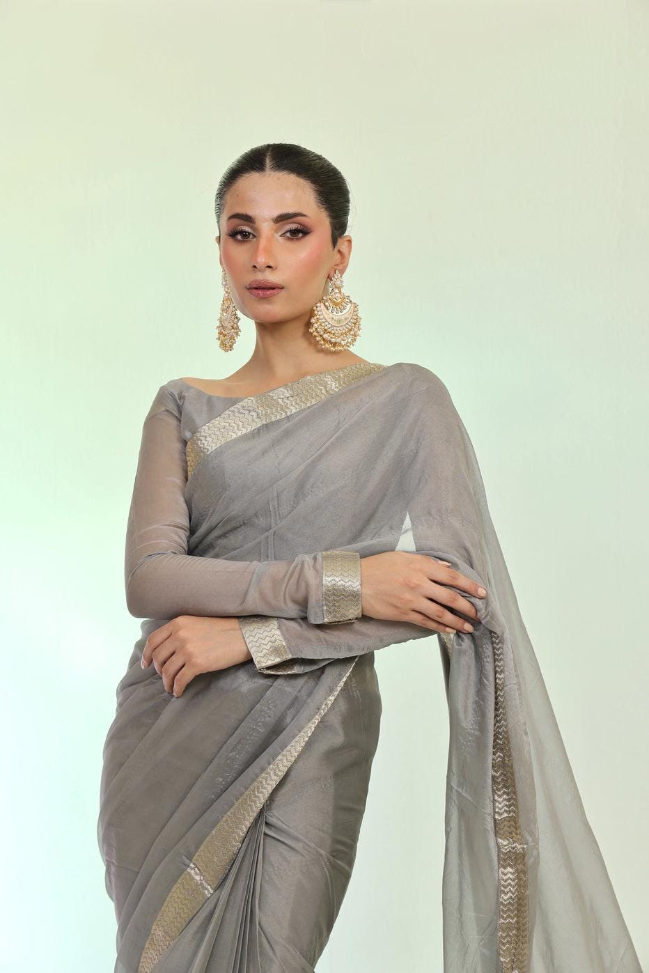 Silver Banarasi Chiffon Saree with Blouse