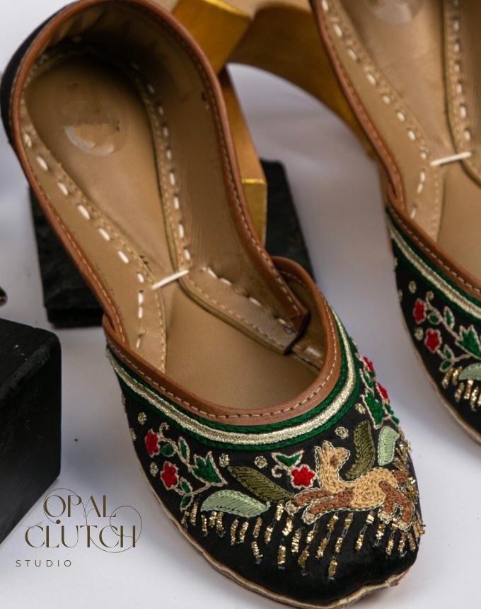 Midnight Peacock Khussa Flats | Embroidered Pakistani Juttis