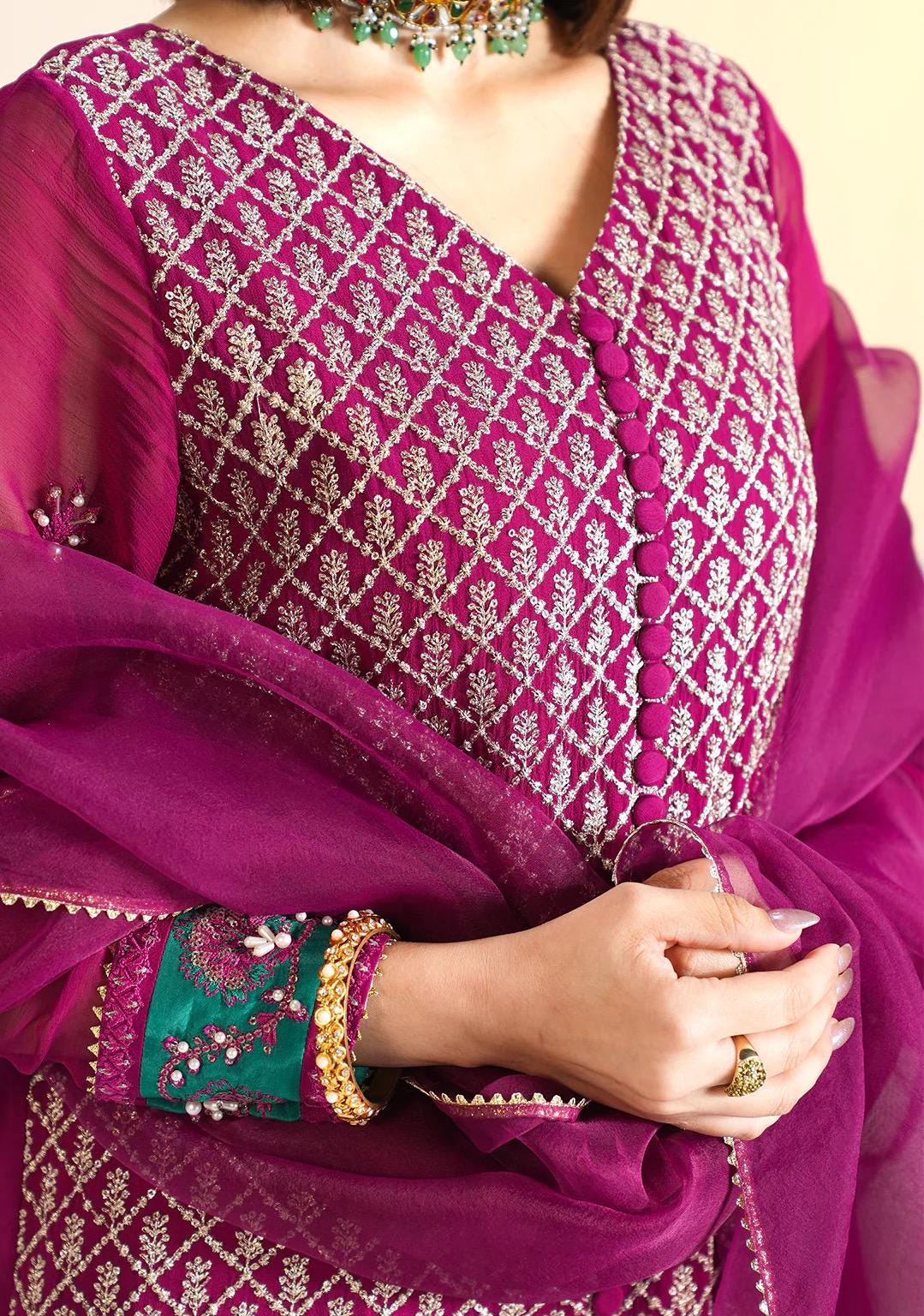 plum chiffon embroidered shirt  Kameez Shalwar, Pakistani hand work embellished 3pc Outfit