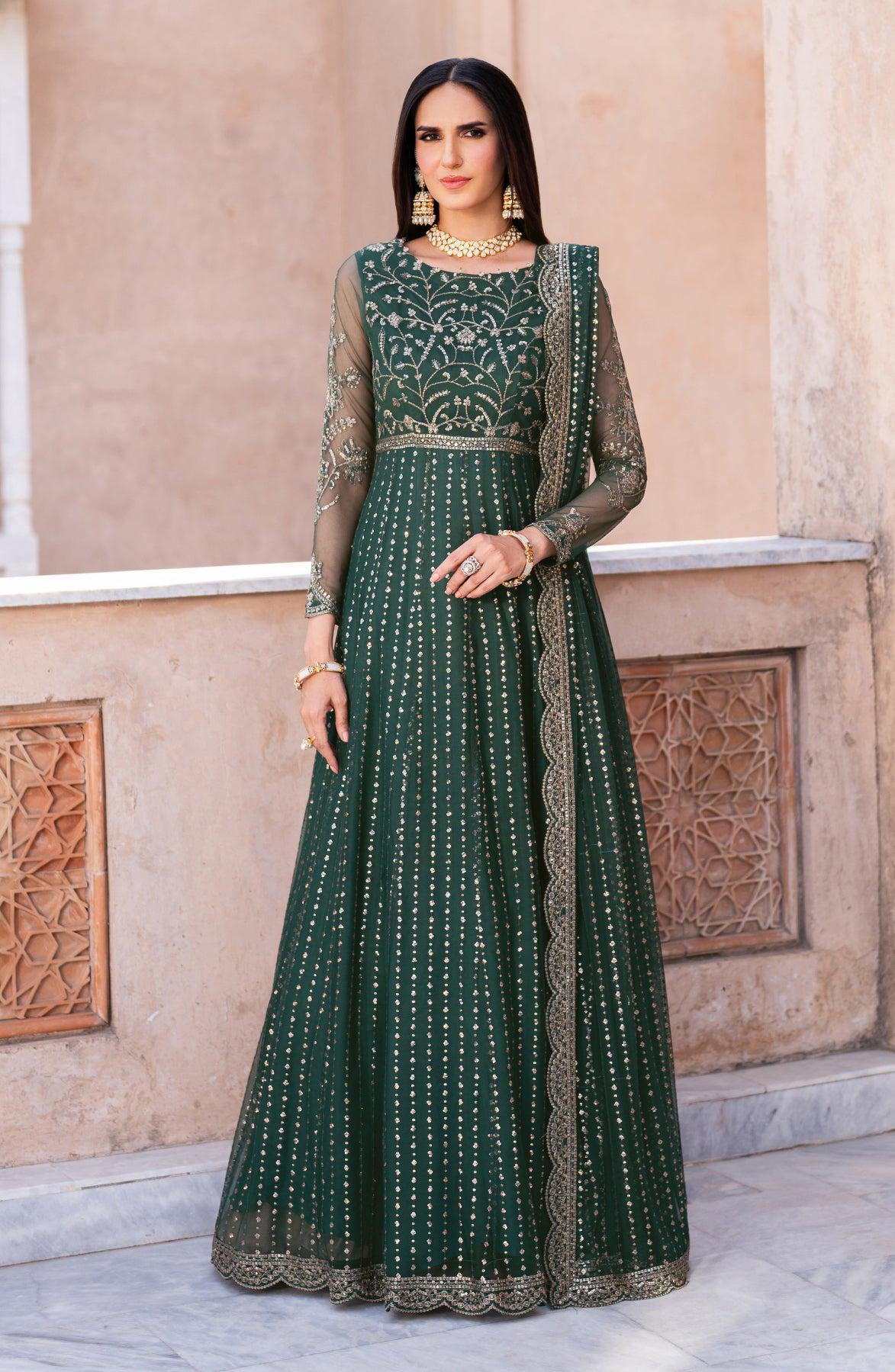 Royal Mehndi Pakistani Maxi Dress: Embroidered Net Wedding Outfit