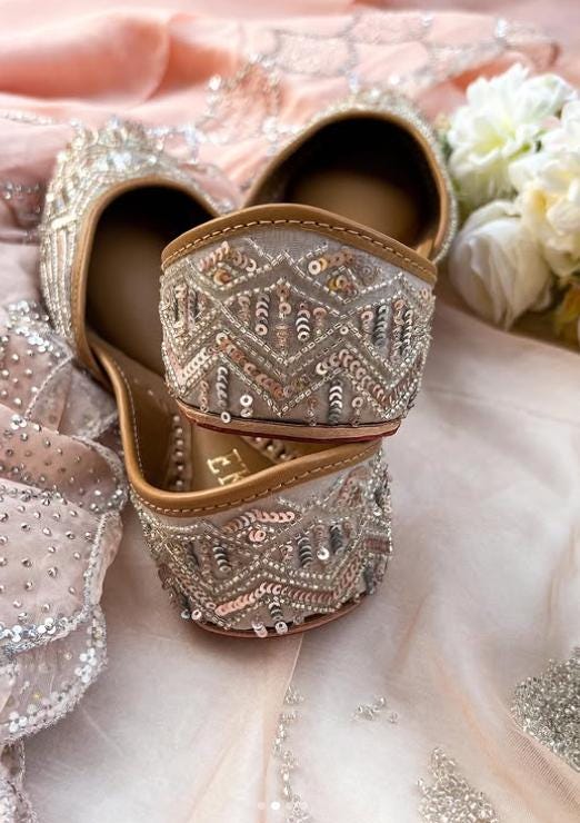 Handmade Silver Sequin Bridal Jutti, Genuine Leather Khussa Flats