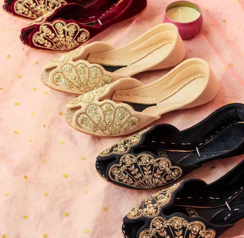 Handmade Bridal Khussa Jutti | Mirror & Velvet Embellished Flats